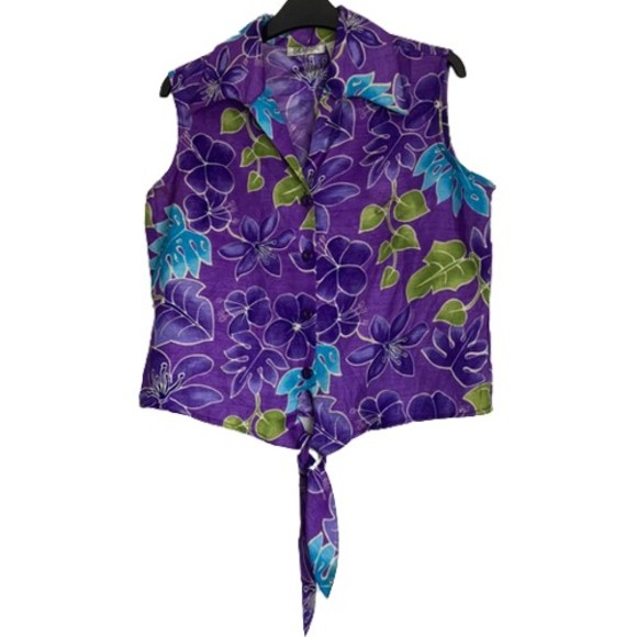 Selene Sport Tops - Size M 10 Selene Sport Purple & Multi Floral Sleeveless Tie Bottom Shirt